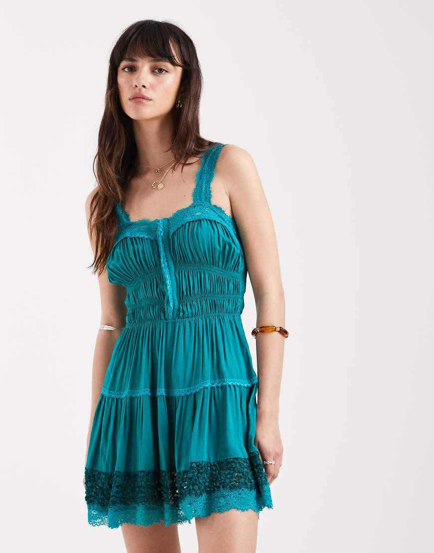 Free People boho so inlove slip dress with lace detailing in teal sapphire-Blue | ASOS (Global)