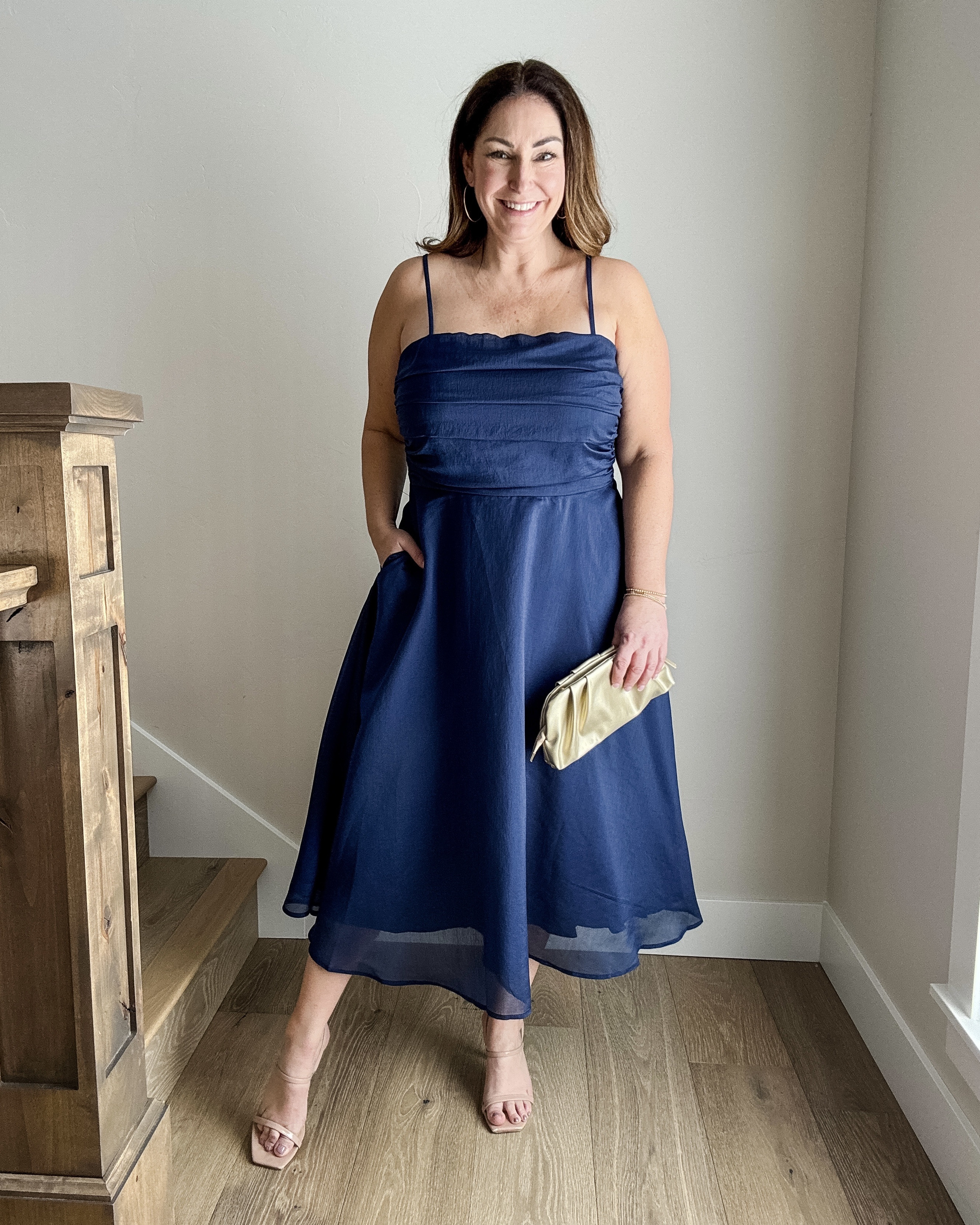 Navy Chiffon overlay fit and flare dress with pockets runs true to size wearing large #formaldress #weddingguest #navydress

#LTKOver40 #LTKWedding #LTKFindsUnder50