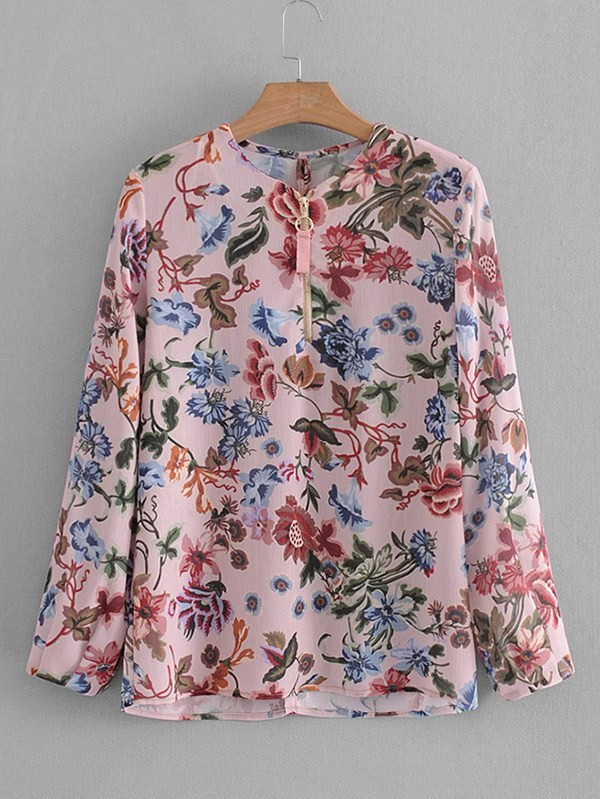 Zipper Up Floral Blouse | SHEIN