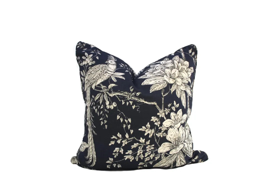 Floral Bird Print Cushion Cover, Cotton Linen Throw Pillow, Australian Made Designer Cushion, Ind... | Etsy (US)