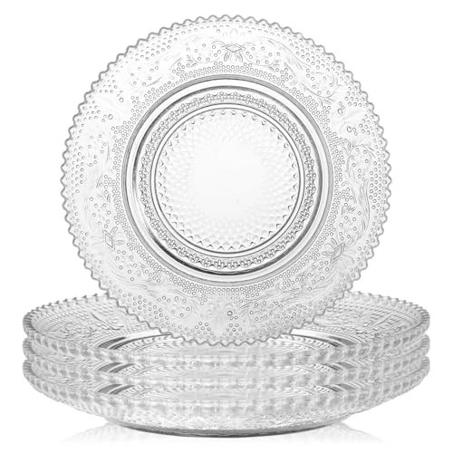 WHJY 6 Inch Clear Glass Plates 4 Pack Vintage Dinnerware Set Clear Floral Textured Dinner Plates for Home Party Wedding Crystal Glass Dishes for Fruit Salad Appetizer Dessert | Amazon (US)