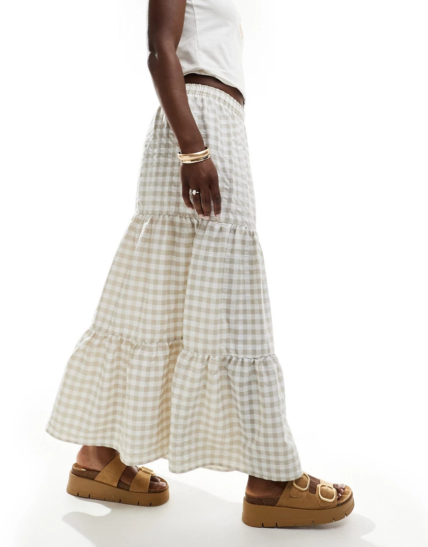 Miss Selfridge tiered maxi gingham skirt in stone-Neutral | ASOS (Global)