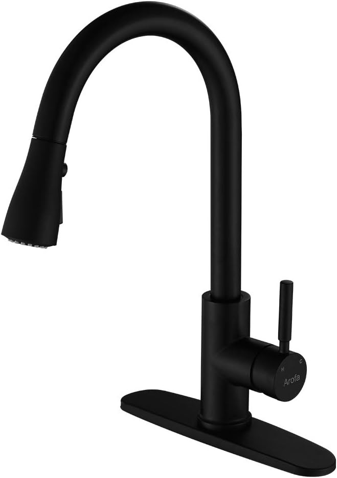 Pull Down Kitchen Sink Faucet -Arofa A02BY Contemporary Matte Black Single Handle Gooseneck Stain... | Amazon (US)