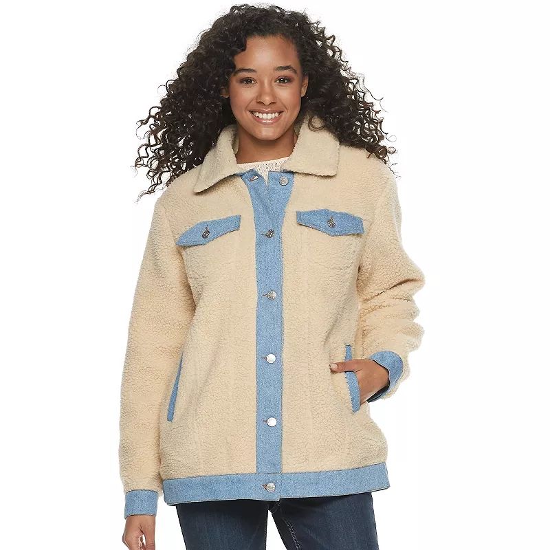 Juniors' madden NYC Denim Trim Sherpa Jacket, Girl's, Size: Large, Med Beige | Kohl's