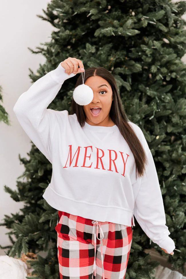 Merry Varsity White Cropped Corded Graphic Sweatshirt | Pink Lily