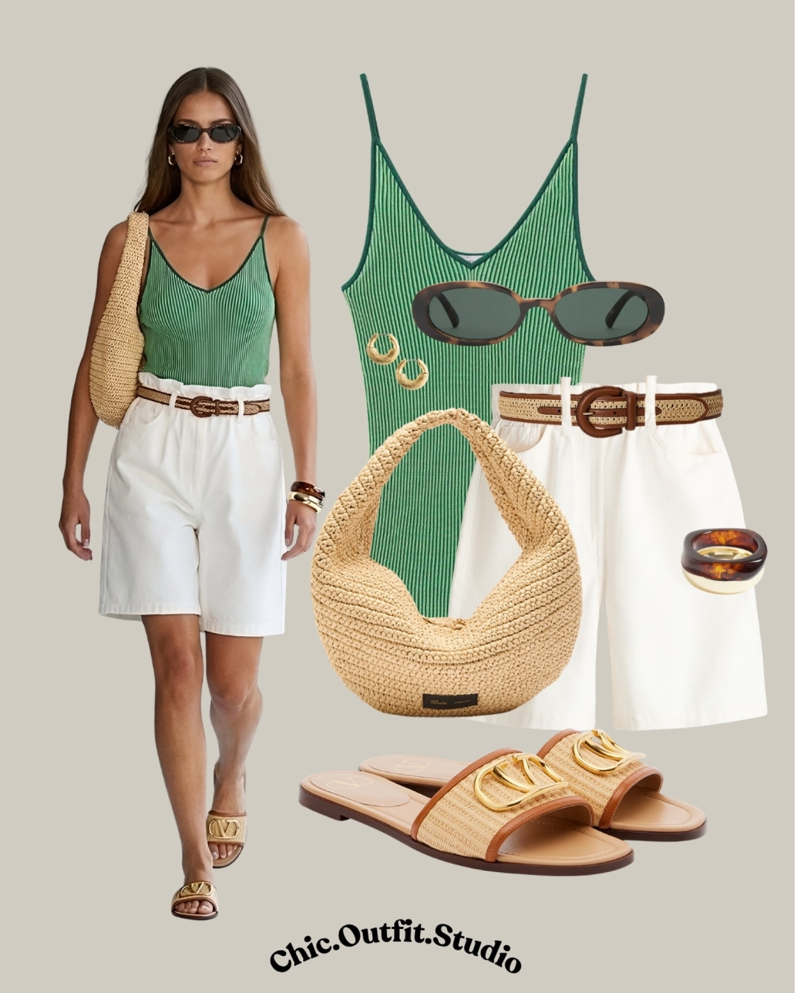 Emerald Knit Tank & White Bermuda Shorts

✨A ribbed emerald green knit tank styled with paperbag white Bermuda shorts creates the perfect elevated casual summer outfit for warm city days and vacations. The woven shoulder bag, gold buckle slides, and neutral accessories keep the look polished while still feeling relaxed and effortless. 
✨Ideal for coffee dates, shopping days, sightseeing, beach towns, or casual summer lunches. A chic balance between minimal basics and rich summer colour.
✨Tags: green tank top outfit, white Bermuda shorts outfit, casual chic summer outfit, elevated basics women, European summer style, effortless vacation outfit, woven bag outfit, minimalist summer fashion, warm weather outfit idea, relaxed luxury style

#LTKshoes #LTKbag #LTKsummer