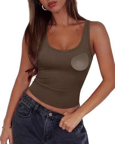 SUUKSESS Women Padded Cotton Ribbed V Neck Tank Top Summer Basic Going Out Tops | Amazon (US)