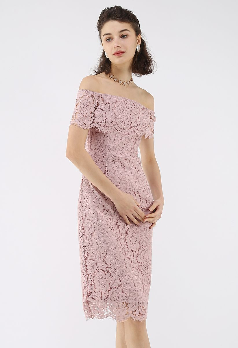 Flourishing Blooms Lace Off-Shoulder Dress in Pink | Chicwish