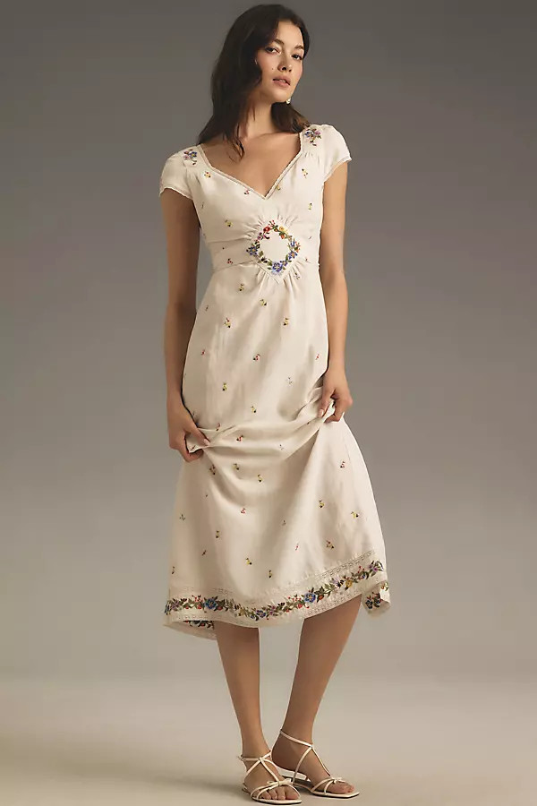 RIXO Carey Short-Sleeve V-Neck Embroidered Linen Midi Dress | Anthropologie (US)