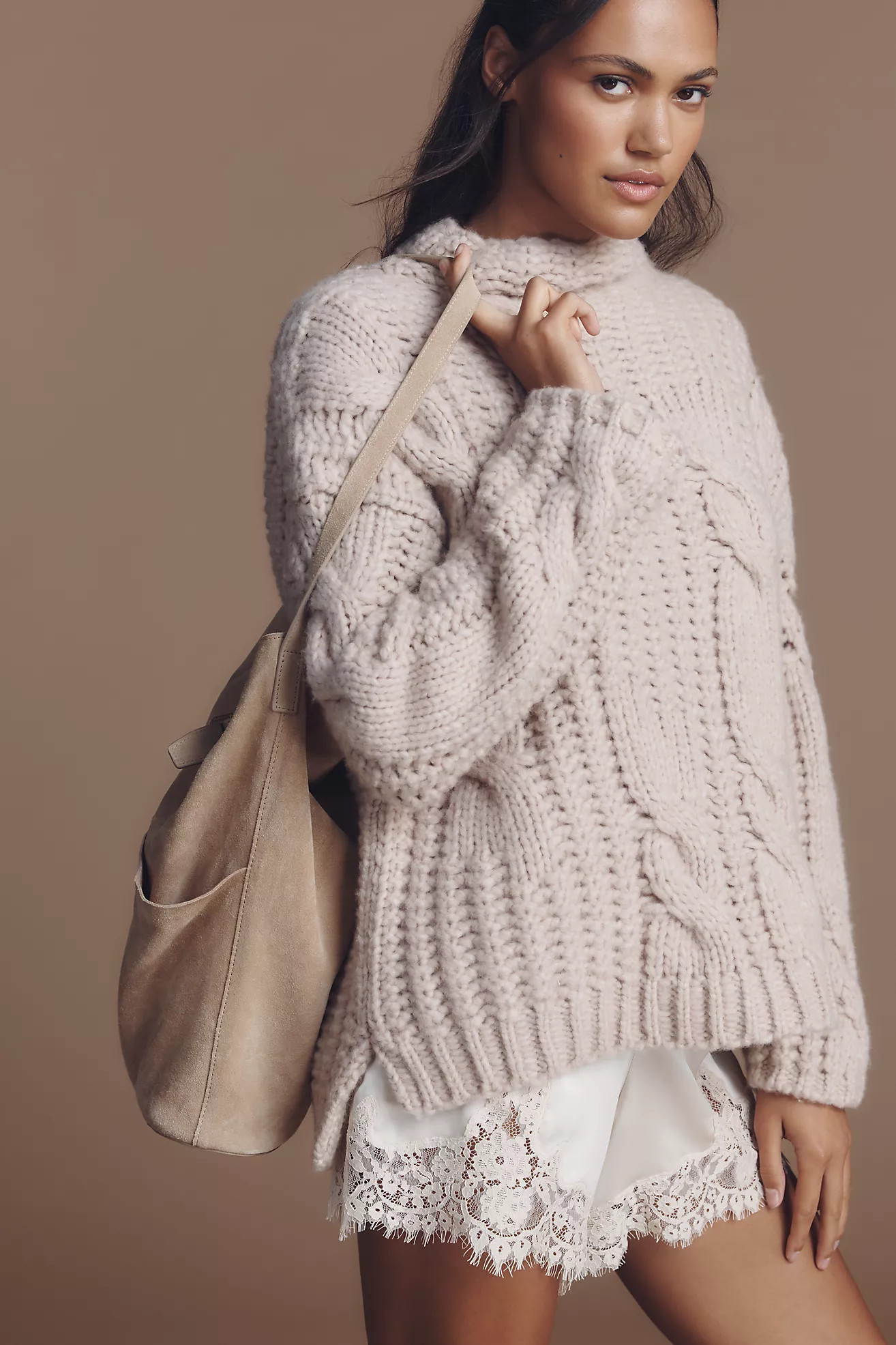 Maeve Mock-Neck Cable Wool Blend Sweater | Anthropologie (US)