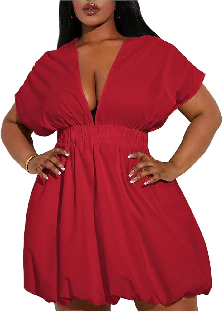 WDIRARA Women's Plus Size Deep V Neck Bubble Dress Short Sleeve A Line Mini Dresses | Amazon (US)