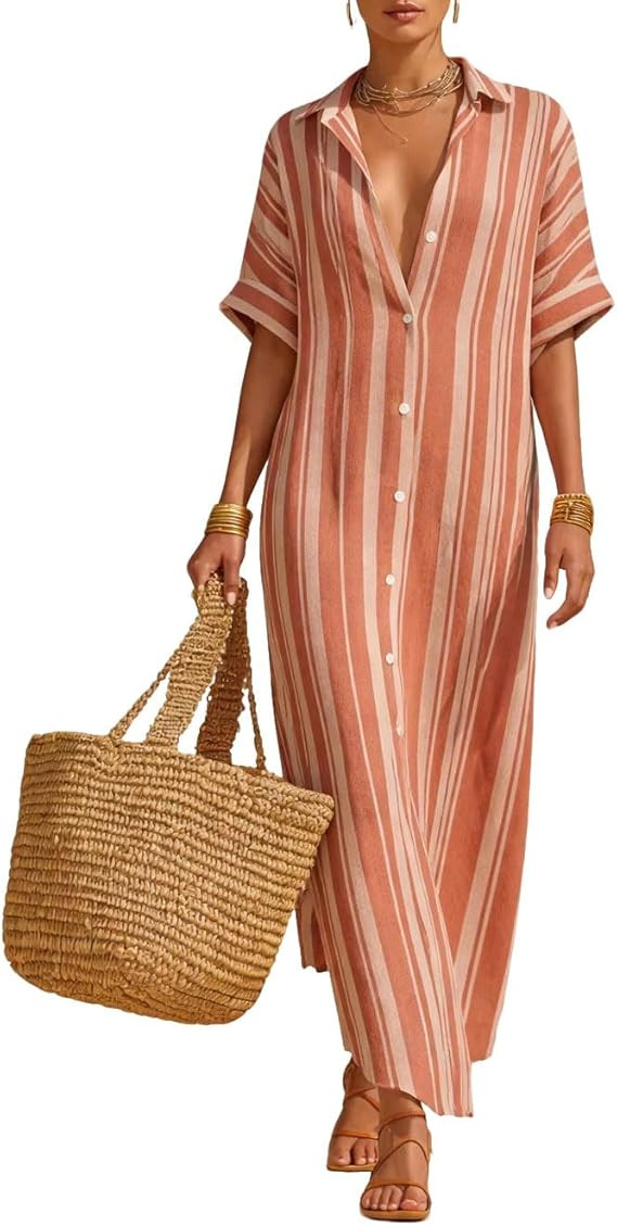 Women's Button Down Striped Maxi Dress Casual Loose Short Sleeve Cotton Summer Beach Shirt Dresse... | Amazon (US)