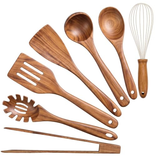 Wooden Utensil for Cooking, Wood Kitchen Utensils Cooking Set Teak Wood Spoons set for Cooking,Spatulas Non-Stick for Cookware Kitchen Spoon (7) | Amazon (US)