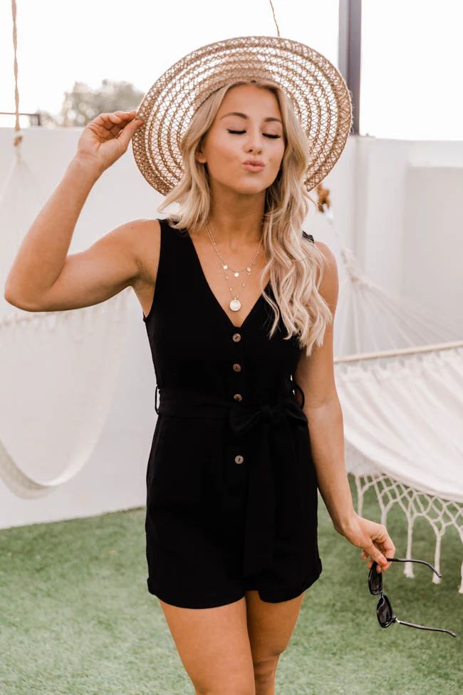 Ready To Roll Button Front Tie Waist Black Romper | The Pink Lily Boutique