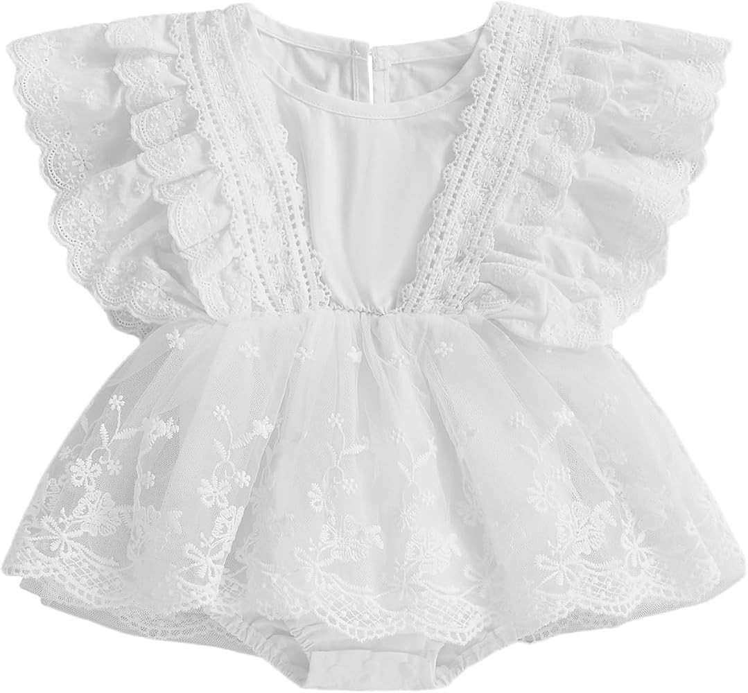 Karwuiio Newborn Baby Girl Lace Romper Dress Fly Sleeve Flower Tulle Dress Ruffle Bodysuit Newbor... | Amazon (US)