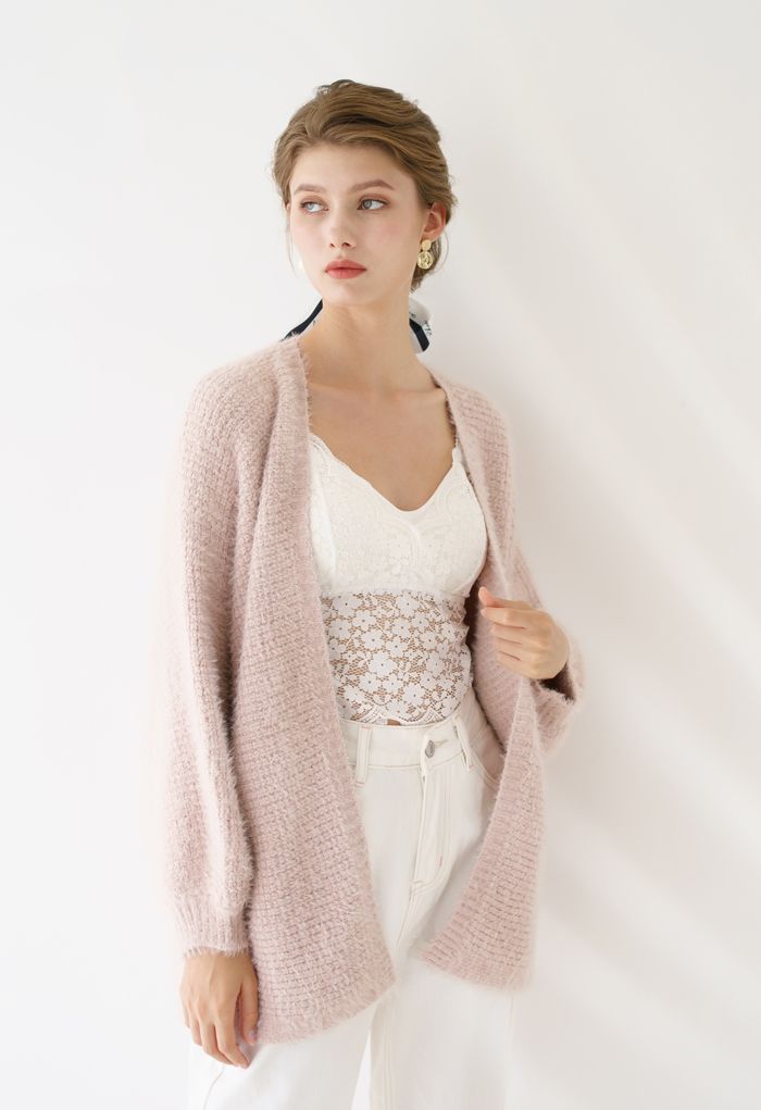 Fuzzy Open Front Waffle Knit Cardigan in Dusty Pink | Chicwish