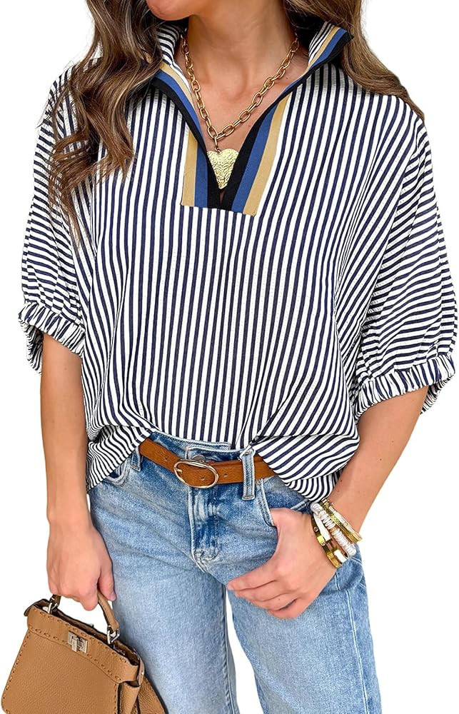 Samefar Womens Short Sleeve Tops Striped V Neck Summer Casual Loose Fit Blouses Business Tee Shir... | Amazon (US)