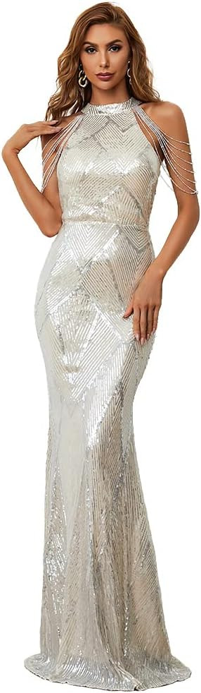 Miss ord Women's Formal Halter Sequin Tassel Bodycon Maxi Prom Dress, Elegant Mermaid Evening Gow... | Amazon (US)