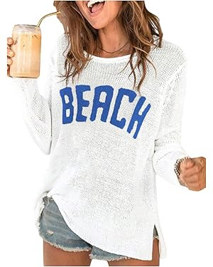 COZYEASE Women's Beach Cover Up Letter Print Long Sleeve Sweater Crew Neck Split Hem Crochet Jump... | Amazon (US)