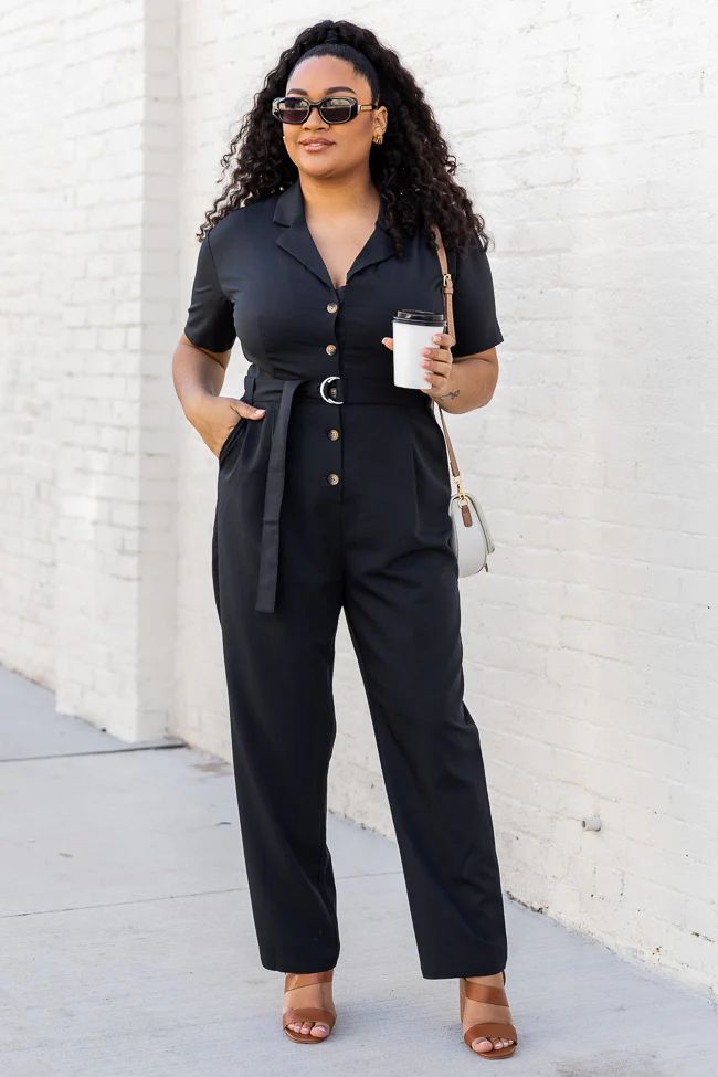 Better Than Basic Black Collared Button Front Jumpsuit | Pink Lily