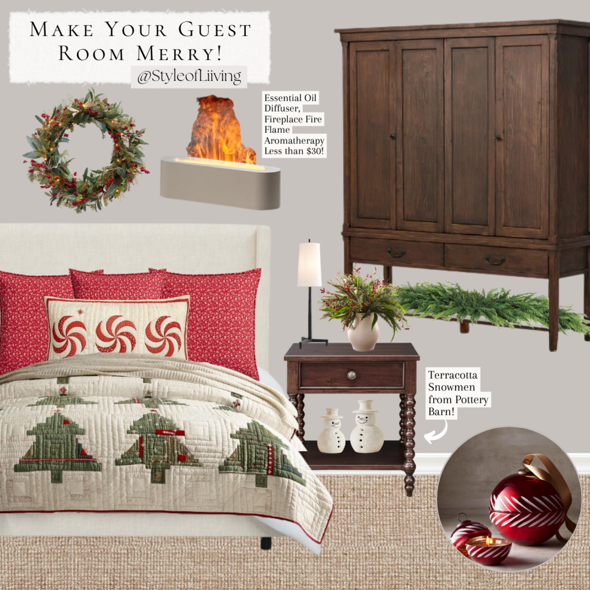 Guest bedroom decor ideas for the holidays! Christmas wonderland bedding, wreaths, garlands, pillows, winter holiday botanicals. Table lamps, linen bed, armoire, nightstand, aromatherapy diffuser, candles, snowmen decor, rugs.

#LTKHome #LTKStyleTip #LTKHoliday