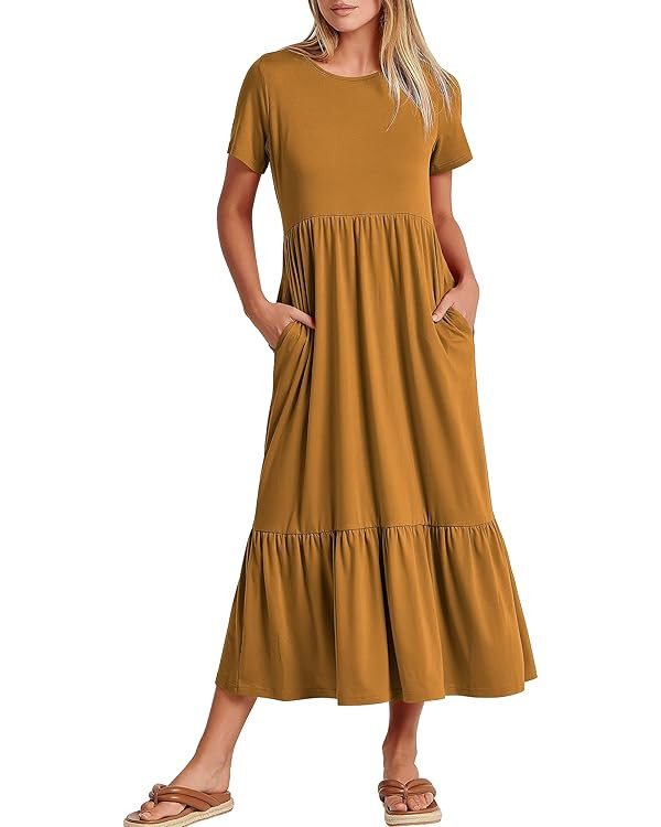 ANRABESS Women's Summer Casual Short Sleeve Crewneck Swing Dress Flowy Tiered Maxi Beach Dress wi... | Amazon (US)