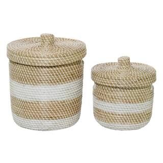 LITTON LANE Small White And Natural Woven Striped Round Seagrass Basket With Lid, Set Of 2: 13in ... | The Home Depot