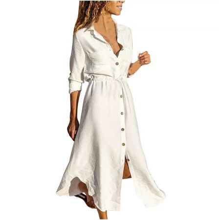 Dopebox Casual Dresses for Women Women s Solid Color Single Breasted Lapel Drawstring Shirt Dress Co | Walmart (US)