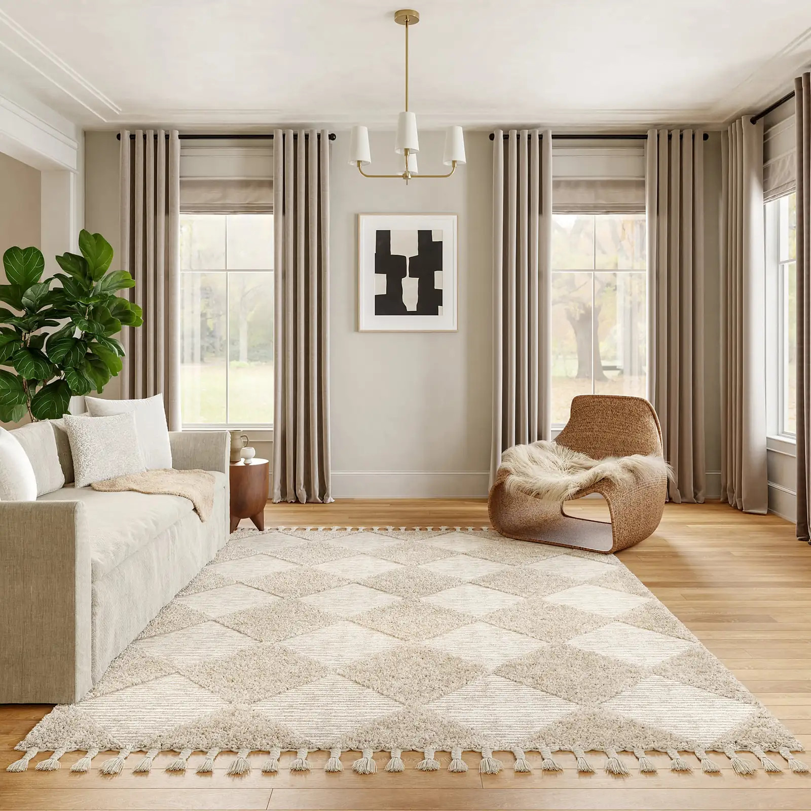 Aylin Diamond Tasseled Rug | Beige | Rugs USA