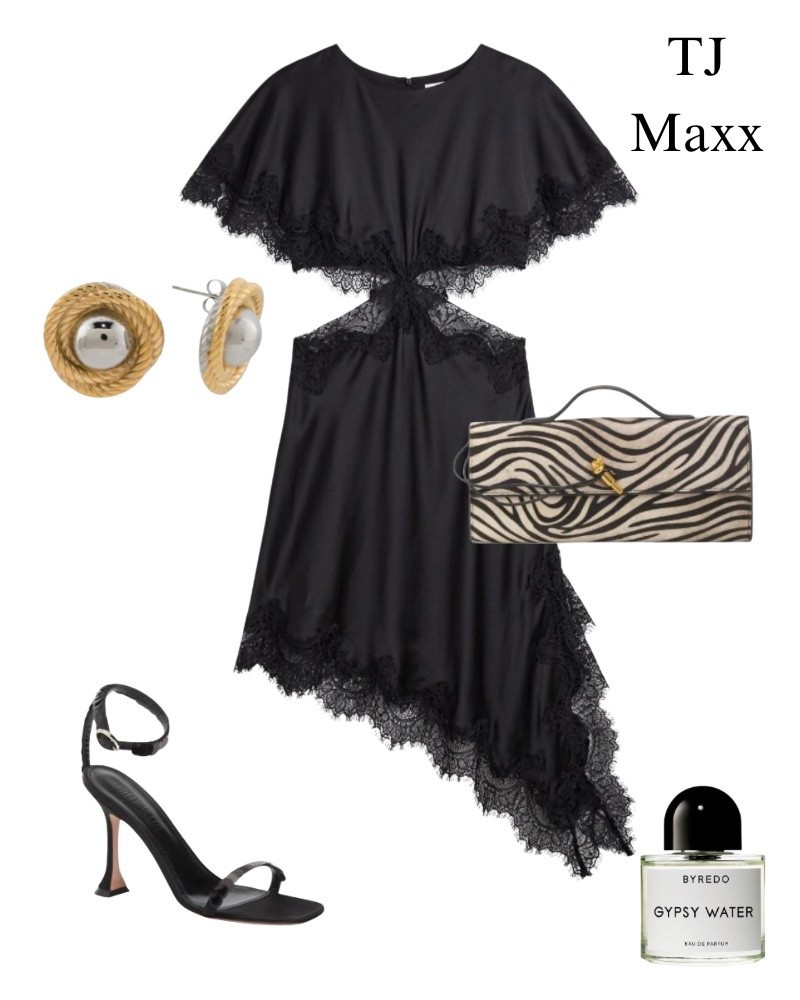 Outfit idea on sale at TJ Maxx, zebra clutch, Gypsy, water, perfume, black lace, cut up dress, golden silver earrings, heels, date night, summer.

#LTKootd #LTKSaleAlert