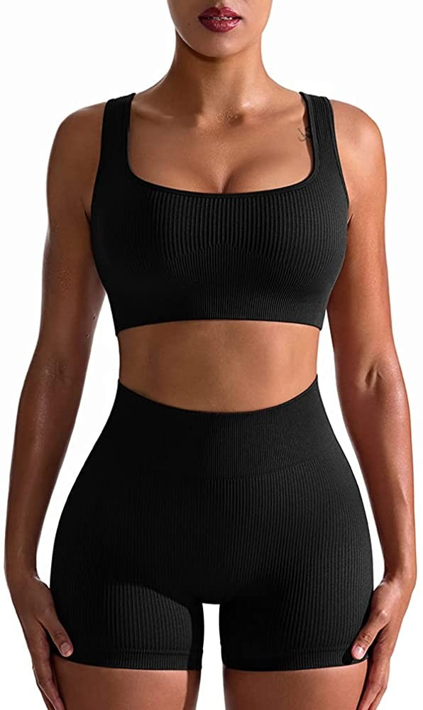 OQQ Workout Outfits for Women 2 Piece Seamless Ribbed High Waist Leggings with Sports Bra Exercis... | Amazon (US)