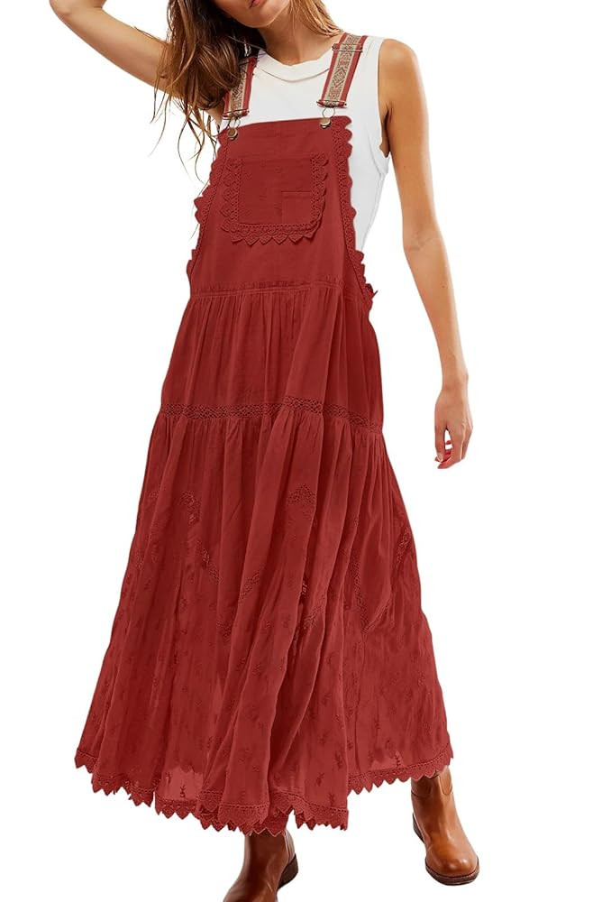 CHARTOU Women Bib Overall Dress Jumper Babydoll Pinafore Dress Embroidered Lace Maternity Straps ... | Amazon (US)