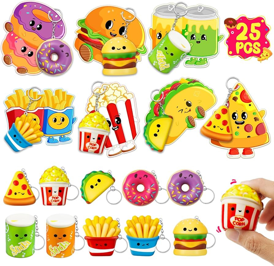 Valentines Day Cards for Kids School, 25 Pack Food Keychains Kids Valentines cards with Squishy T... | Amazon (US)