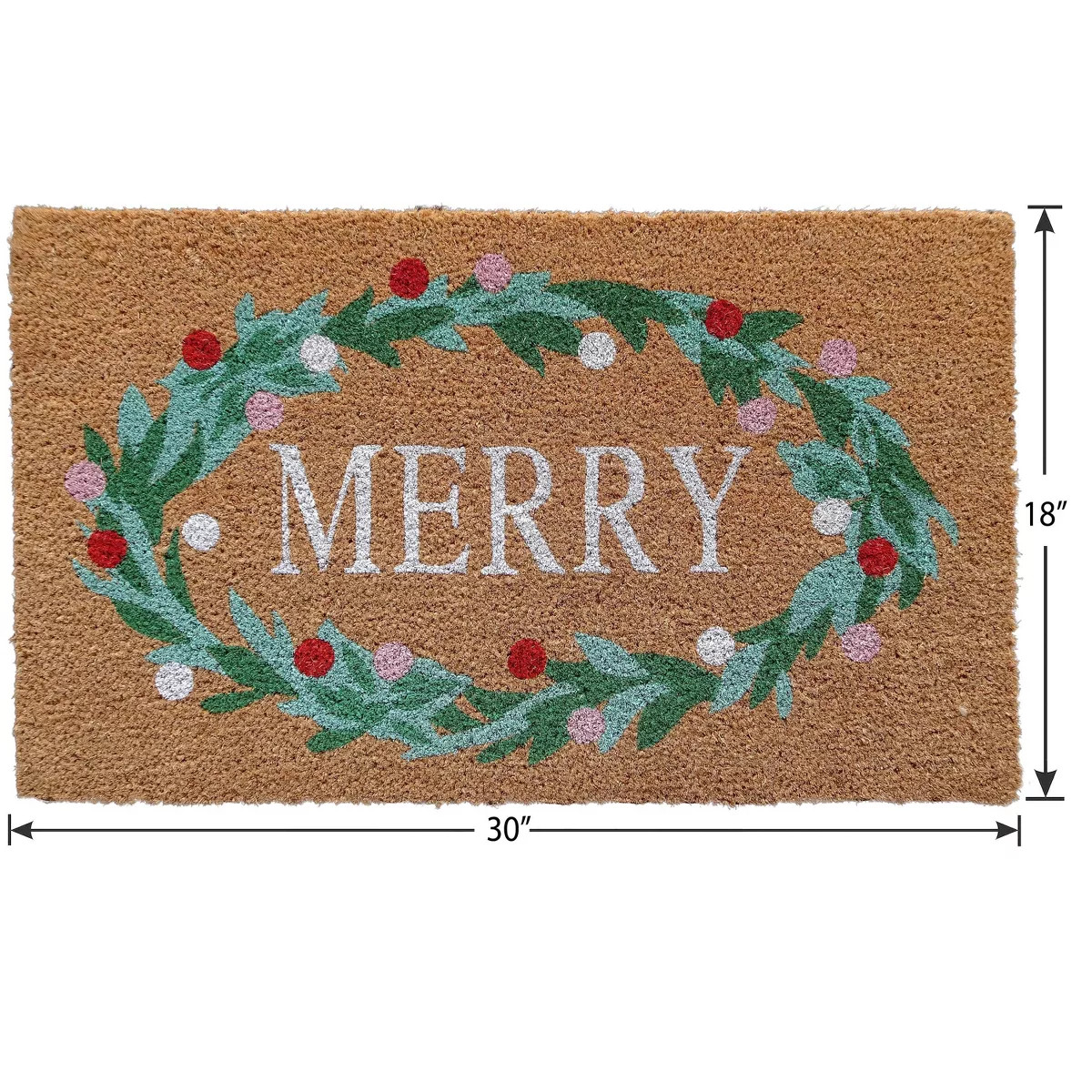 18"x30" Holiday Merry Wreath Coir Doormat Natural and Green | Target