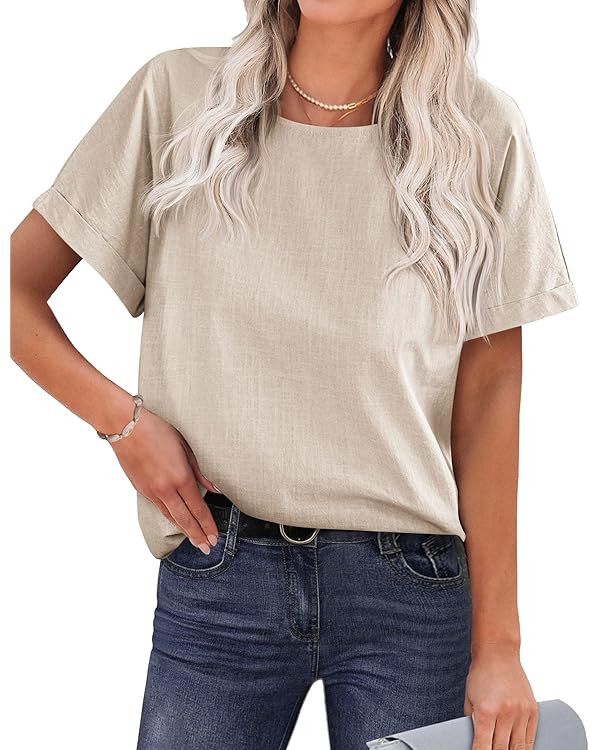 Chigant Women's Linen Shirts Short Sleeve Cotton Blouses Casual Loose Round Collar Solid Boxy Tun... | Amazon (US)