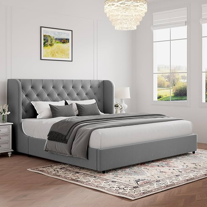 HOMBCK King Size Bed Frame, Upholstered Bed Frame King Bed with Wide Wingback Tufted Velvet Headb... | Amazon (US)