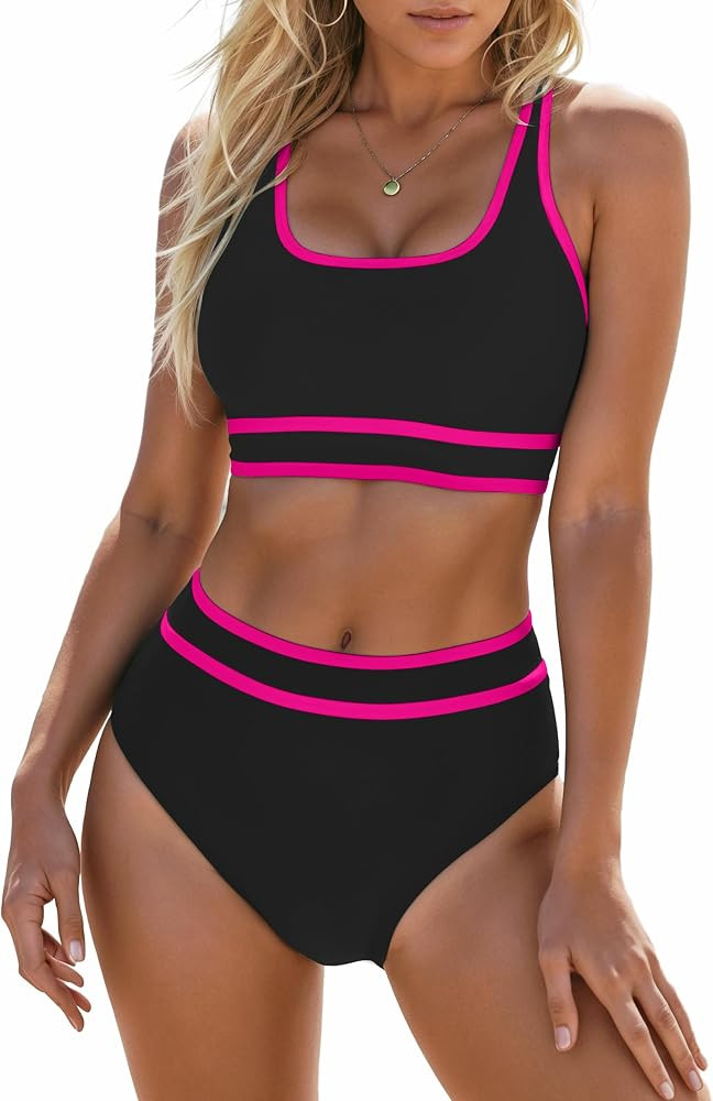 Blooming Jelly Womens High Waist Bikini Sets Sporty Color Block Two Piece Swimsuits Scoop Neck Ch... | Amazon (US)