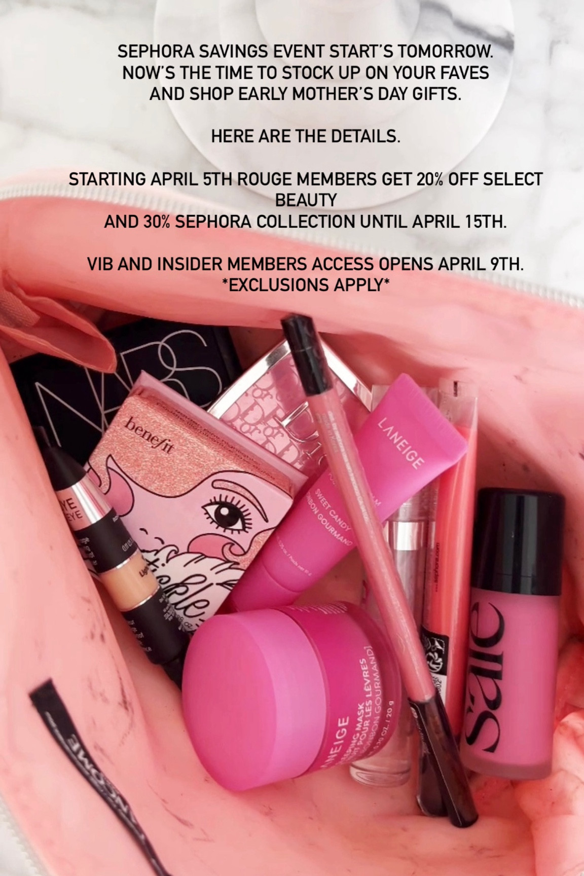 Sephora Savings Event start’s tomorrow.
Now’s the time to stock up on your faves and shop early Mother’s Day gifts.

Here are the details.

Starting April 5th Rouge members get 20% off select beauty and 30% Sephora collection until April 15th. 

VIB and Insider members access opens April 9th. Exclusions Apply 

#LTKSephora #LTKbeauty #LTKsalealert 