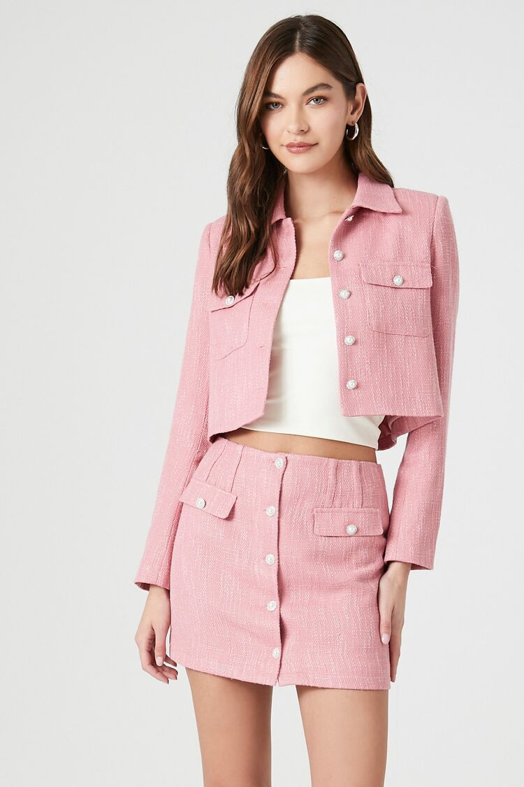 Women's Tweed Cropped Jacket & Skirt Set in Pink Medium | Forever 21