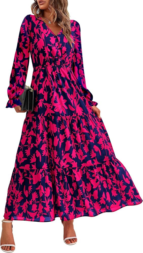 BTFBM Women Fall Dresses 2024 Casual Long Sleeve V Neck Maxi Dresses Floral Boho Long Dress Weddi... | Amazon (US)
