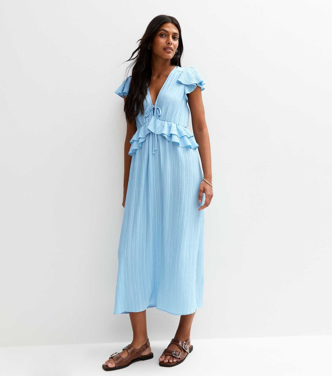 Blue Frilly Trimmed Chiffon Midi Dress | New Look | New Look (UK)