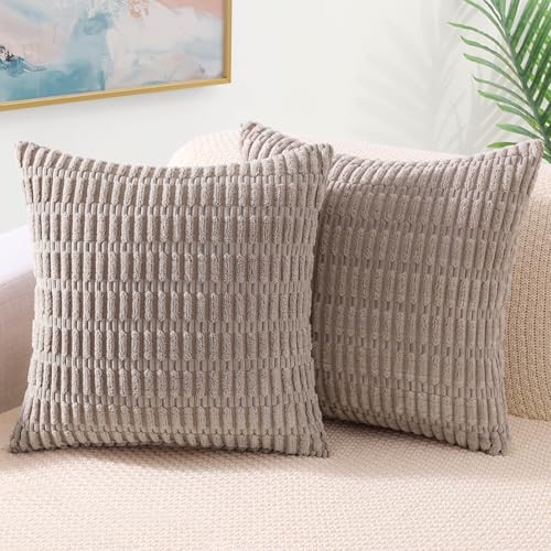 decorUhome Khaki Neutral Decorative Throw Pillow Covers 18x18 Inch Set of 2, Boho Soft Corduroy Striped Square Pillow Covers Modern Twill Pillow Covers for Couch Bed Sofa Living Room | Amazon (US)