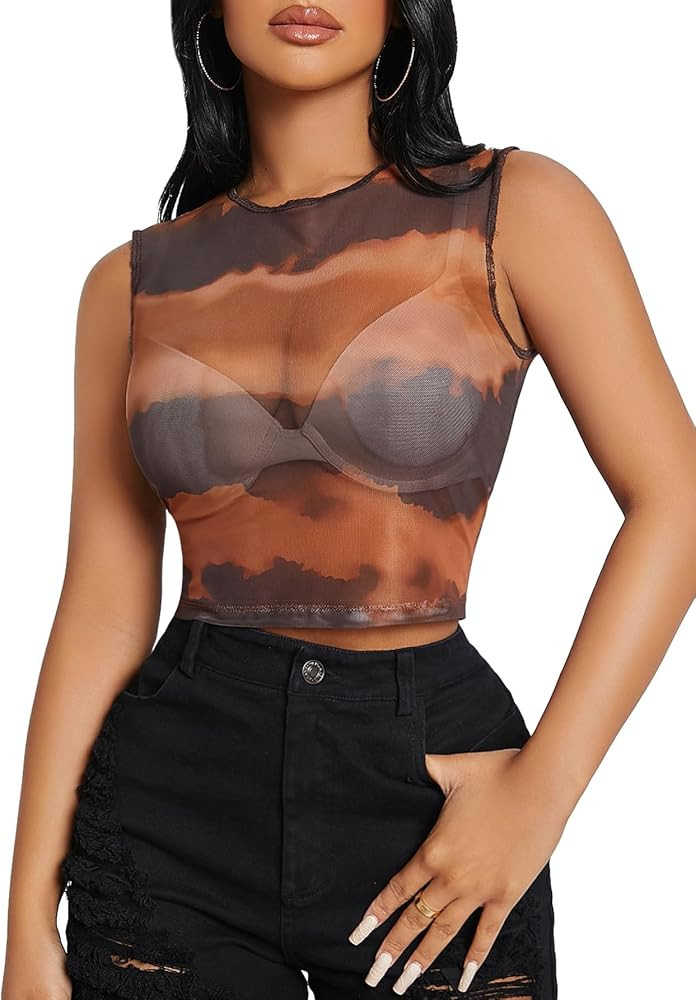 WDIRARA Women's Sun Graphic Print Sheer Mesh Round Neck Slim Fit Crop Tank Top | Amazon (US)