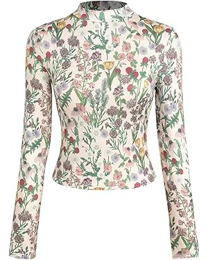 CIDER Women's Floral Knitted Long Sleeve Mock Neck Going Out Slim Fit Tops Fall Outfits Trendy Cl... | Amazon (US)