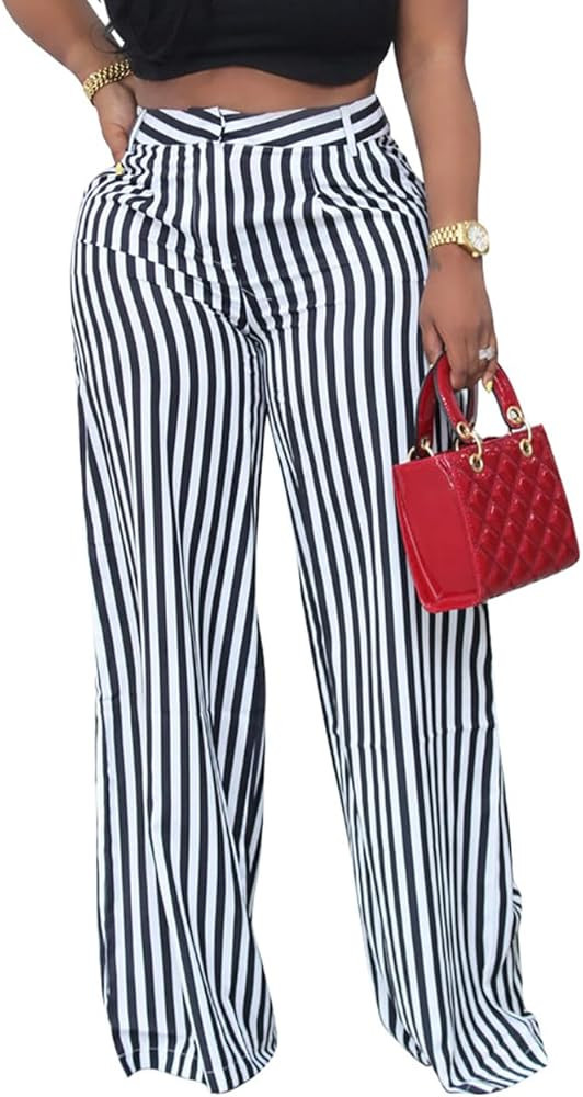 MESLIMA Women's Casual High Waist Trousers Fashion Striped Print Summer Loose Wide Leg Pants with... | Amazon (US)