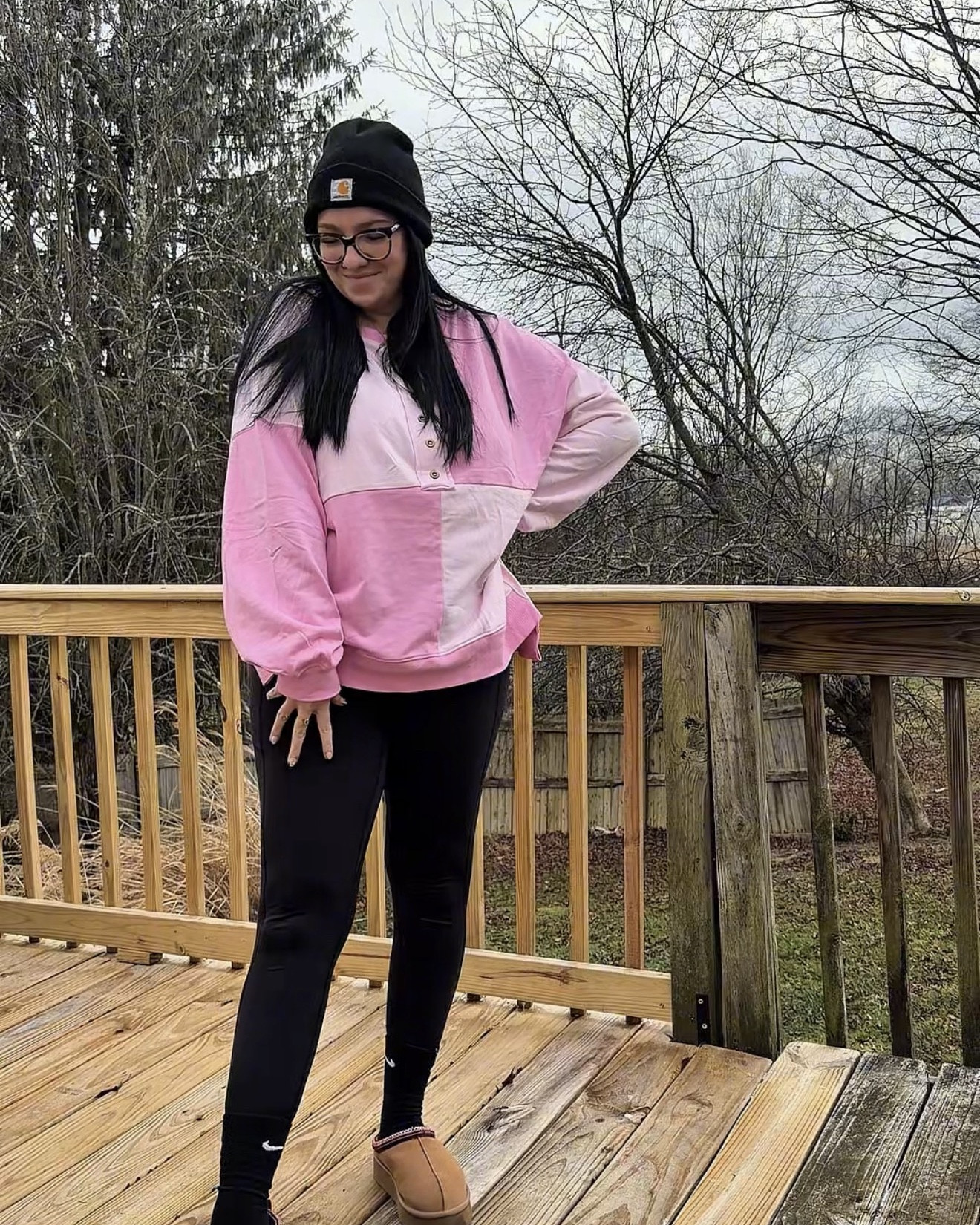 Obsessed with this pink colorblock pullover—it’s the perfect oversized fit for lounging or running errands. Paired it with my go-to black leggings, a classic Carhartt beanie, and these platform slippers that I haven't taken off all season. 🧸 This is casual winter style done right!

#LTKSeasonal #LTKmomlife #LTKMidsize