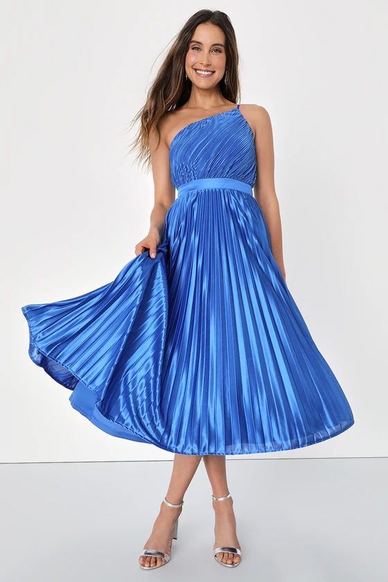 Alluring Marvel Royal Blue Pleated Satin One-Shoulder Midi Dress | Lulus