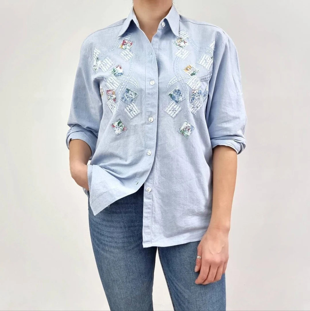 90's Ladies Light Blue Embellished Denim Shirt | Embroidered Jean Top | Small - Medium | Etsy (US)