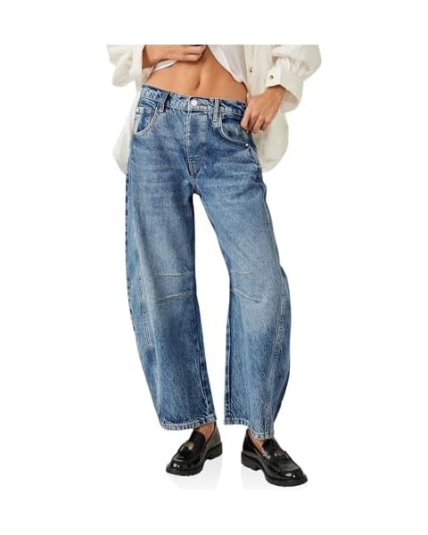 Women's Baggy Boyfriend Jeans Mid Rise Barrel Jeans Wide Leg Loose Y2k Cropped Denim Pants with P... | Amazon (US)