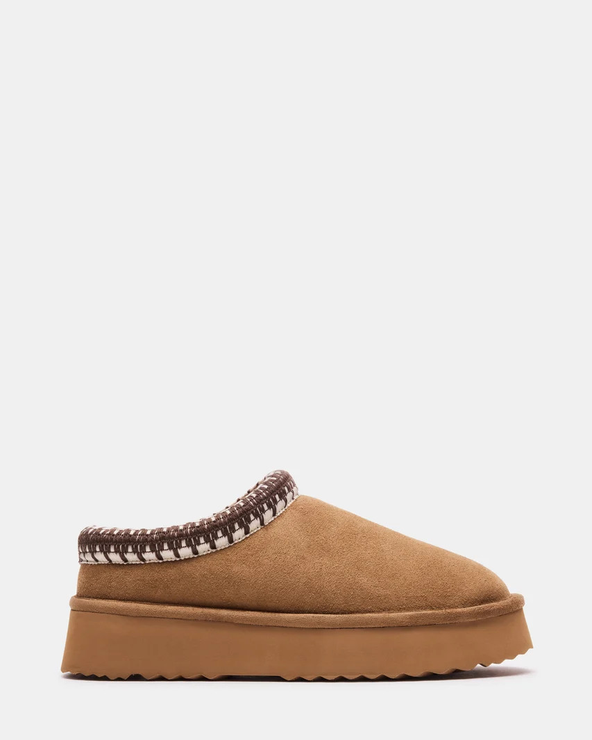SELENA Chestnut Suede Faux Fur Slip-On Mule Flat | Women's Flats | Steve Madden (US)